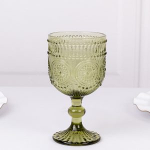 6-Pack Vintage Embossed Wine Glasses 12oz Short Stemmed Design Dusty Sage Green - Textured Floral Pattern for Cocktails & Drinks